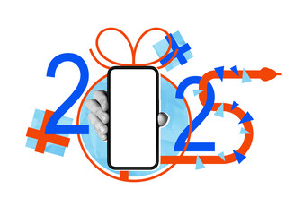 Smartphone mockup with 2025 design and gift elements in abstract style.