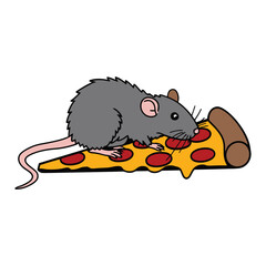 Cartoon Rat Eating Pepperoni Pizza Slice Illustration