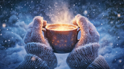 Hands holding a steaming mug in a snowy setting