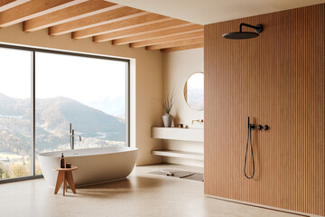 Modern bathroom interior with a freestanding bathtub, wooden paneling, and large window showing mountain view. 3D Rendering