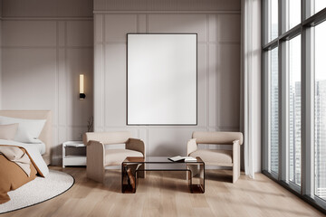 Minimalistic living room with blank framed poster mockup on the wall between two modern chairs and a glass table. . 3D Rendering