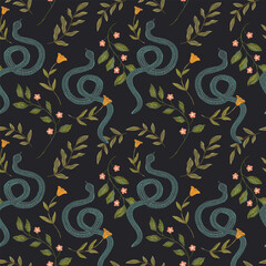snake  plant and flowers seamless pattern illustration