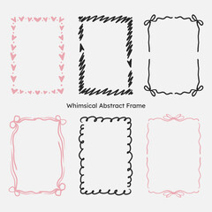 whimsical border frame set. hand drawn scribble line, ribbon bow frame for invitation, valentine or christmas design.