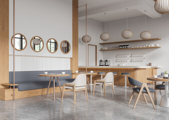 Modern cafe interior with minimalist furniture and wooden accents, designed for a clean and inviting atmosphere. 3D Rendering