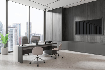 Modern office interior with large windows and city view, featuring sleek furniture and minimal design. 3D Rendering