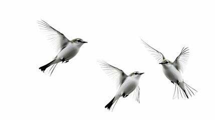 Fototapeta premium Three Birds in Flight Against a White Background, Capturing the Graceful Movement of Their Wings in Mid-Air, Creating a Stunning and Elegant Image.