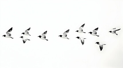 A Flock of Seagulls Flying in Formation Against a White Sky, Captured in a Black and White Photograph