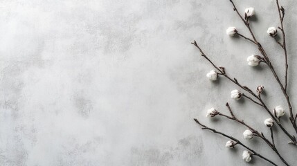Obraz premium Cotton Branch on Concrete Background - Minimalist Floral Design with White Blossoms