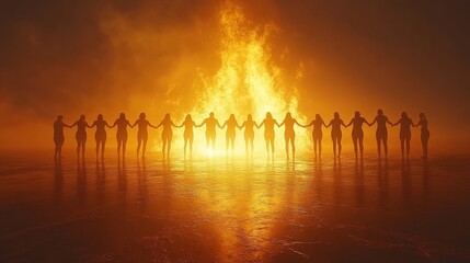 Fototapeta premium Silhouettes of Diverse Women Holding Hands in Unity Against a Dramatic Fire Background, Symbolizing Strength, Empowerment, and Community in an Ethereal Atmosphere