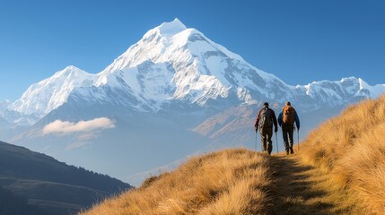 Obraz premium Scenic Mountain Landscape with Two Hikers Enjoying the View of Majestic Snow-Capped Peaks and Beautiful Nature on a Clear Day in the Outdoors