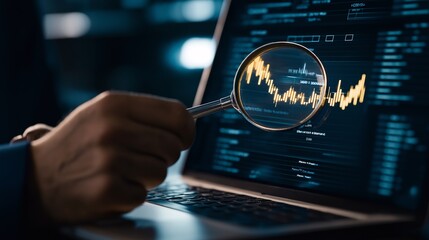 Business Professional Analyzing Data Trends on Laptop Screen with Magnifying Glass in Modern Office Environment