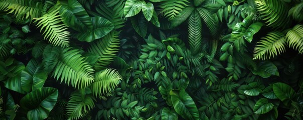 Fototapeta premium Ferns in the jungle, closeup, vibrant green leaves, tropical rainforest background, top view