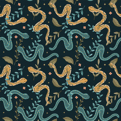 snake  plant and flowers seamless pattern illustration