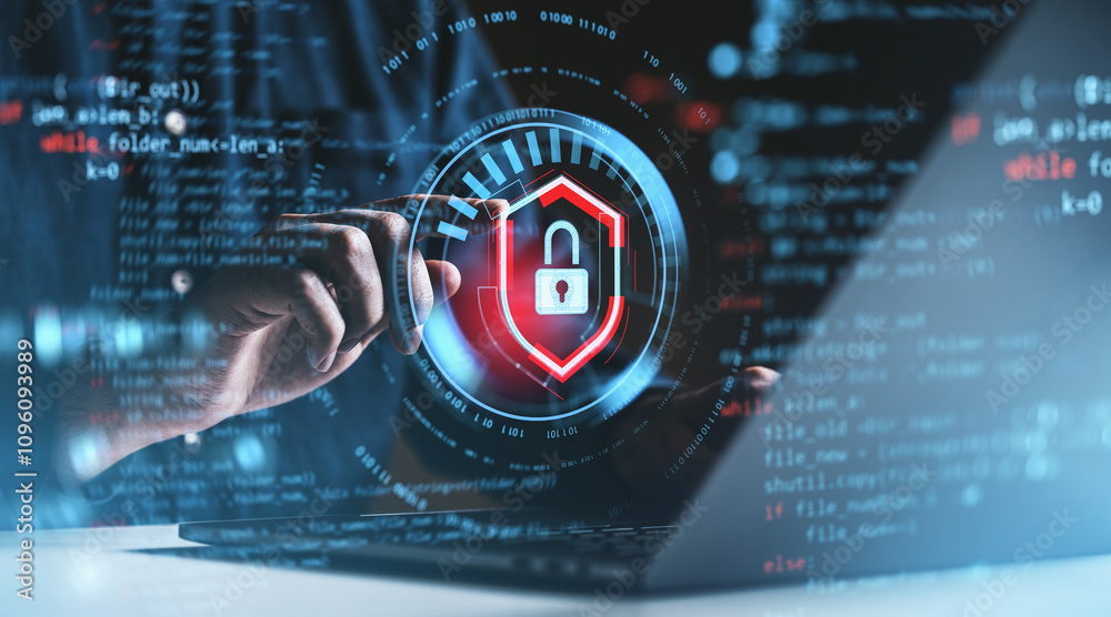 Poster hand interacting with digital security shield lock icon overlaid on programming code background.