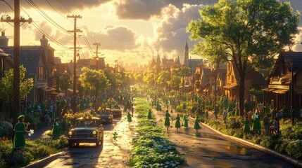 Obraz premium Vibrant and Lively Town Street Filled with Colorful Characters, Greenery, and a Scenic Sunset, Capturing the Essence of Community and Togetherness in a Fairy-Tale Setting