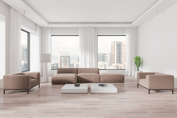 Modern living room interior with beige furniture and city view in background through large windows. 3D Rendering
