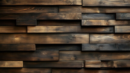 Naklejka premium Rustic Wooden Wall Paneling with Dark Stained Planks Arranged in a Random Pattern