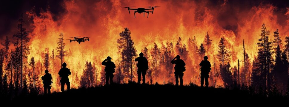 Silhouetted firefighters bravely battle a raging wildfire, aided by drones surveying the intense flames and smoke; dramatic scene.