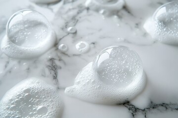 skincare product photography, hyaluronic acid bubbles moisturizing on a sleek marble surface, reflecting soft natural light, with room for text