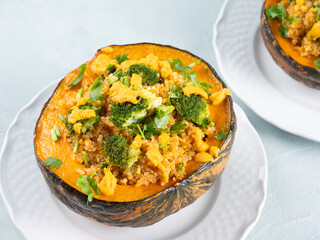 Stuffed kabocha squash with quinoa, broccoli and chickpea pumpkin hummus