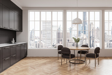 Modern kitchen with cabinets and dining area, large windows showcasing city skyline view. 3D Rendering