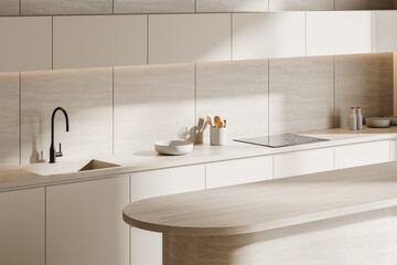Minimalist modern kitchen interior design with sleek cabinets, round countertop, and clean decor in neutral tones on a bright background. 3D Rendering