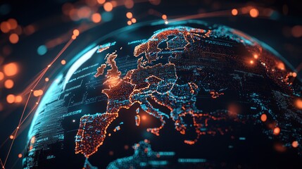 Digital Globe of Europe with Orange and Blue Lights