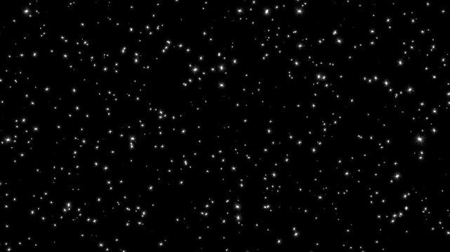 Gentle luxury white sparkles, glamour glitter, stars, magic dust, fireflies floating, flying on black background looping animation. 