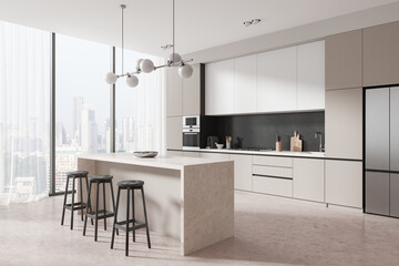 Modern kitchen interior with island and stools in a luxury apartment overlooking the city skyline. 3D Rendering