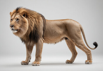 Fototapeta premium standard Lion right side view. Full figure visible, flat white background, no shadows, head and legs visible, ultra detailed, photorealistic 400mm lens, low angle 
