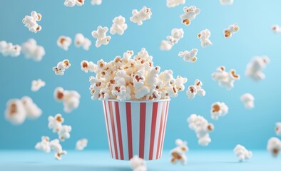 Movie poster with a bucket full of fresh, sweet, and salted popcorn falling in a cinema or theater hall. movie poster or cinema ad template design