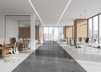 Modern office interior with large windows and desks in an open layout, city view from background. 3D Rendering