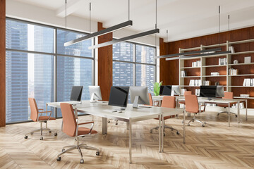 Modern coworking office interior with large windows, computers, and stylish furniture in an open space design concept. 3D Rendering