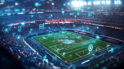 Sporting event analysis stadium digital visualization urban environment aerial view technology and sports integration for seo impact