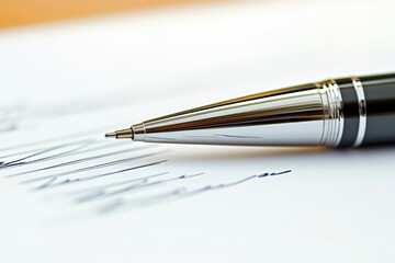 Fototapeta premium A close-up of a shiny pen resting on paper with neat lines. Perfect for office, writing, or stationery themes. Captures the essence of creativity and expression. Generative AI