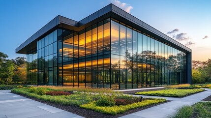 Obraz premium Modern glass building surrounded by landscaped gardens at sunset.