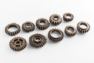 Collection of brown mechanical gears arranged on a white background. Perfect for industrial designs and technology themes. Explore the beauty of engineering. Generative AI