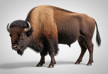 Fototapeta premium standard Bison right side view. Full figure visible, flat white background, no shadows, head and legs visible, ultra detailed, photorealistic 400mm lens, low angle 