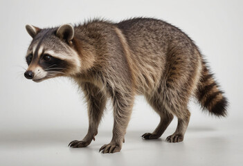Obraz premium standard Raccoon right side view. Full figure visible, flat white background, no shadows, head and legs visible, ultra detailed, photorealistic 400mm lens, low angle 