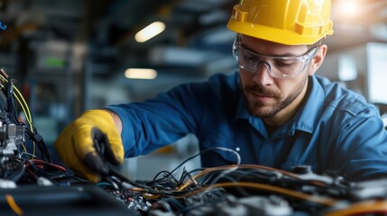 A worker in a yellow hard hat repairs machinery, focused on wires and components in an industrial setting.