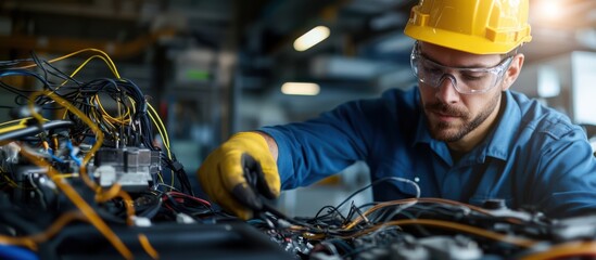 A focused technician in a yellow helmet works on complex wiring inside machinery, showcasing expertise in electrical repairs and maintenance.