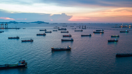 Fototapeta premium Aerial view oil and gas tanker ship industrial transportation logistic oil and gas refinery, Oil and gas tanker ship industrial global business freight logistic transportation refinery by tanker ship.