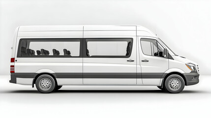 White Passenger Van Rendered in a Studio Setting, Displaying a Side View with Windows and  Passenger Seats