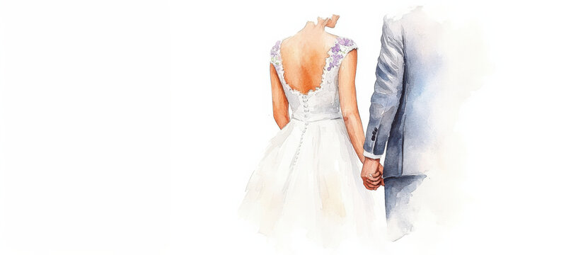 A romantic watercolor illustration of a bride and groom holding hands, symbolizing love and commitment on their wedding day.