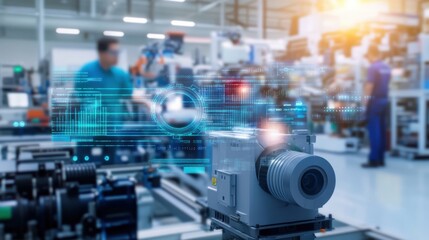 Obraz premium A camera captures a digital workflow in a modern factory, showcasing technology and automation with workers engaged in production.