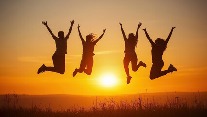 Group of people jumping in the air at sunset.