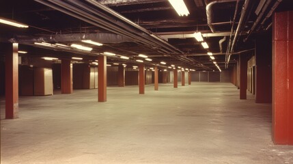 Fototapeta premium A spacious, empty industrial area featuring concrete flooring, exposed pipes, and wooden support pillars, illuminated by overhead fluorescent lights.