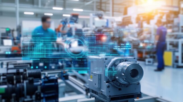 A modern manufacturing facility featuring advanced machinery and digital technology, with workers engaged in production processes.