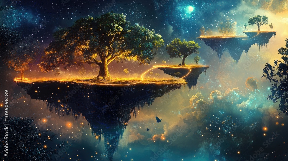 Wall mural generate a surreal dreamscape featuring floating islands connected by glowing, winding pathways. inc