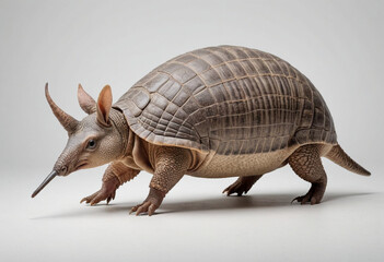 Fototapeta premium standard Armadillo right side view. Full figure visible, flat white background, no shadows, head and legs visible, ultra detailed, photorealistic 400mm lens, low angle 